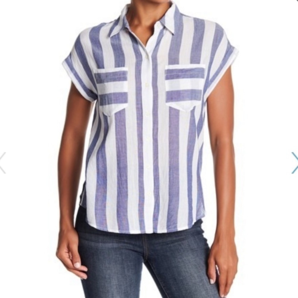 Lucky Brand Split Back Striped Button Front Lightweight Top - Picture 14 of 15